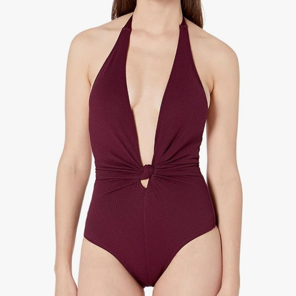Cyn & Luca Women's LARGE Maroon One Piece Swimsuit with Self Neck Tie - NEW